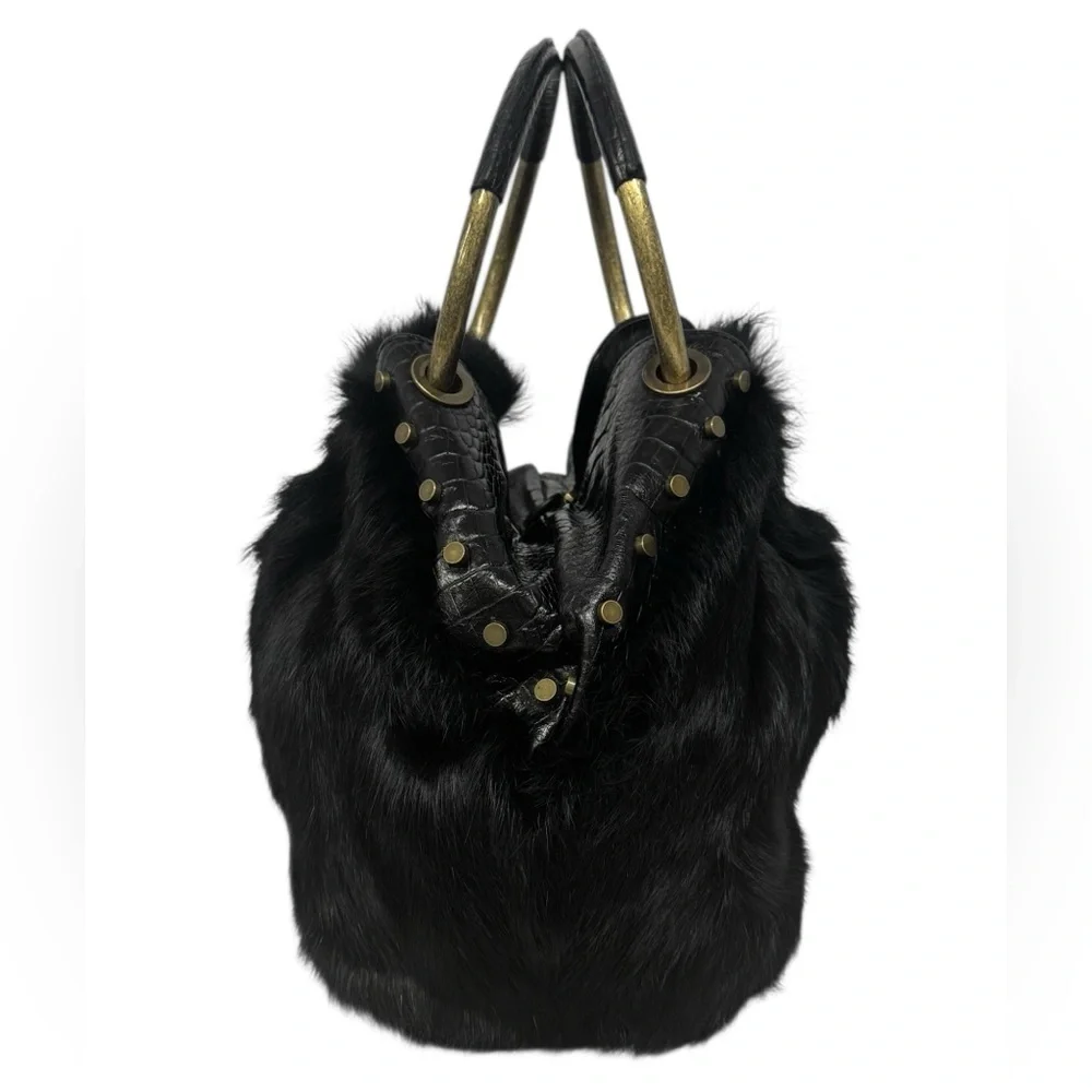 Vintage Adrienne Vittadini Black Black Double Handle Rabbit Fur Handbag Purse